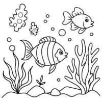 adult outline drawing colouring page in underwater theme with fish, sea creatures, seaweeds and vector