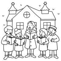 a scene of children caroling from house to house, illustration line art vector