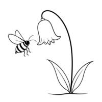 a bee is extracting honey from a bluebell flower, illustration line art vector