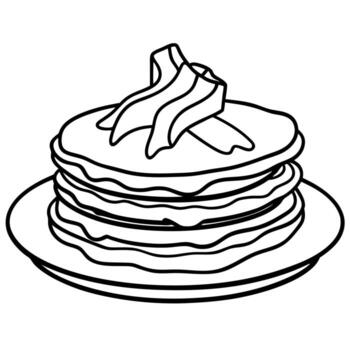 a dish consisting of a stack of pancakes with bacon and scrambled eggs, served on a plate, is a vector