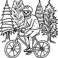 a skeleton riding a bicycle through a forest, illustration line art vector