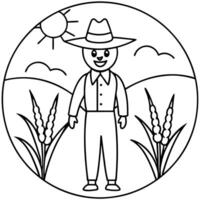 a charming scarecrow standing in a golden field of corn, with a sunset in the background, vector