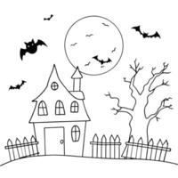 a spooky haunted house with broken windows, bats flying around, a full moon in the background, and vector