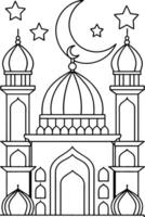 ramadan coloring page, black and white, line art, outline, a mosque silhouette with domes and vector