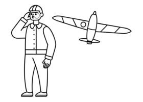 a man in scientist suit is thinking and looking at launching glider plane, illustration line vector