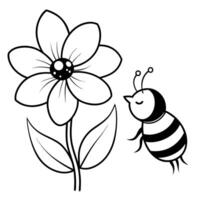 a bee is extracting honey from a violet flower, illustration line art vector