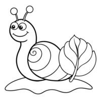 a cheerful snail with a leaf on its back sits on a flower, illustration line art vector