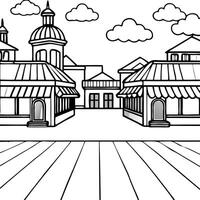 cartoon, empty town square, with stores in the background, illustration line art vector