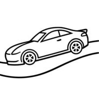 a black and white drawing of a race car and road, solid white color background, illustration vector