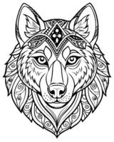 an intricate line art illustration of a siberian huskys head filled with detailed patterns and vector