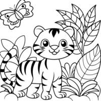 colouring pages for kids black line a cute tiger cub exploring the jungle, with colorful birds and vector