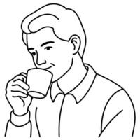 continuous single flat drawing of man drinking cup of espresso coffee, line art vector