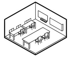 inside a classroom in isometric format, illustration line art vector