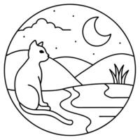 a cat with moon and river, illustration line art vector