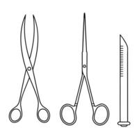 surgical tools scalpel, scissors, forceps, illustration line art vector