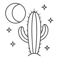 cactus and a crescent moon outline, illustration line art vector