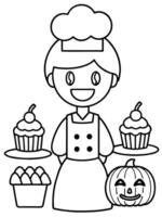 a halloween-themed bakery with a cute baker serving cupcakes and candy corn include smiling vector