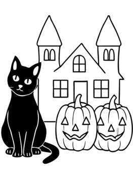 a black cat sitting next to a row of carved pumpkins with candles inside, in front of a haunted vector