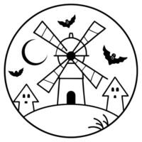 a unique halloween scene with a round fairy-tale windmill this windmill has a distinct, circular vector