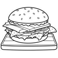 a large hamburger with bacon and cheese on top the burger is sitting on a wooden cutting board, vector