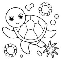 so cute turtle with few sea elements, illustration line art vector