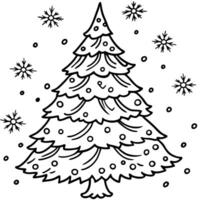 a christmas tree with falling snow, illustration line art vector