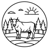 a line art featuring front cow standing in a thick forest cow and should be centered in a vector