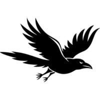 a high-contrast silhouette of a crow flying with its wings angled forward, creating a sense vector