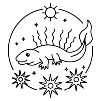 axolotl and ocean rays with ocean elements white background, illustration line art vector