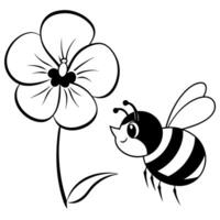 a bee is extracting honey from a pansy flower, illustration line art vector
