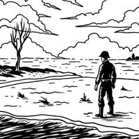 a man standing in the middle of a swamp with a dramatic sky, a soldier standing alone after the war vector