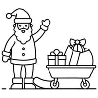santa claus loading up his sleigh with toys, while elves wave goodbye, illustration line art vector