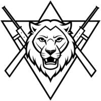 featuring a sleek, black and white lion in a stylish and modern design the lions eyes are wide, and vector