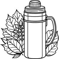 a coloring page only in black and white of thermos flask cup with autumn pattern on it the style vector