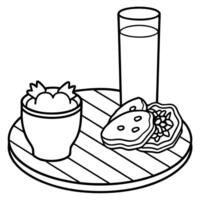 breakfast with fresh strawberries, milk and cookies on wooden table breakfast with bacon, eggs and vector