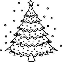 a christmas tree with falling snow, illustration line art vector
