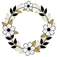 a modern gold wreath with flowers in black and white modern design with less flower, vector
