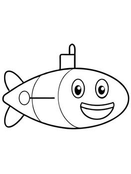 submarino con sonrisa negrita contorno negro y blanco lleno visible para niños bueno a color, vector