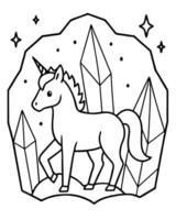 a cute unicorn surrounded by crystals in a magical cave full of mysterious lights, vector