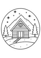 snowy cabin scene, illustration line art vector