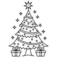 a christmas tree adorned with ornaments, lights, and a shining star at the top, with presents vector