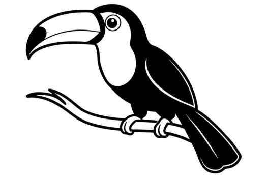 black and white silhouette of a toucan perched on a branch, with a large beak and a small eye the vector