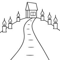 a path lined with candles leading up to a house, illustration line art vector