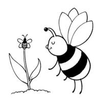a bee is extracting honey from a salvia flower, illustration line art vector