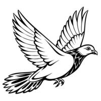 a black good looking rock pigeon flying in the sky silhouette style with withe background, vector