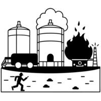 the image depicts a chaotic scene at an industrial facility with large bulk storage tanks labeled vector