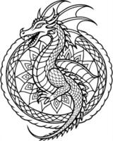 a mythical dragon entwined with mandala patterns, with scales and wings adding to the detailed vector