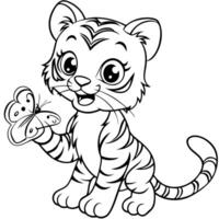 a chibi tiger cub playing with a butterfly, illustration line art vector