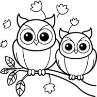 a pair of cartoon-style owls sitting on a tree branch, with large, simple eyes and a few falling vector