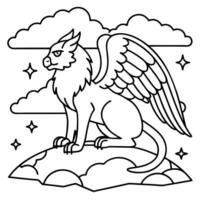 a griffin sitting on a mountain ledge with wings spread, and a few clouds around it, vector